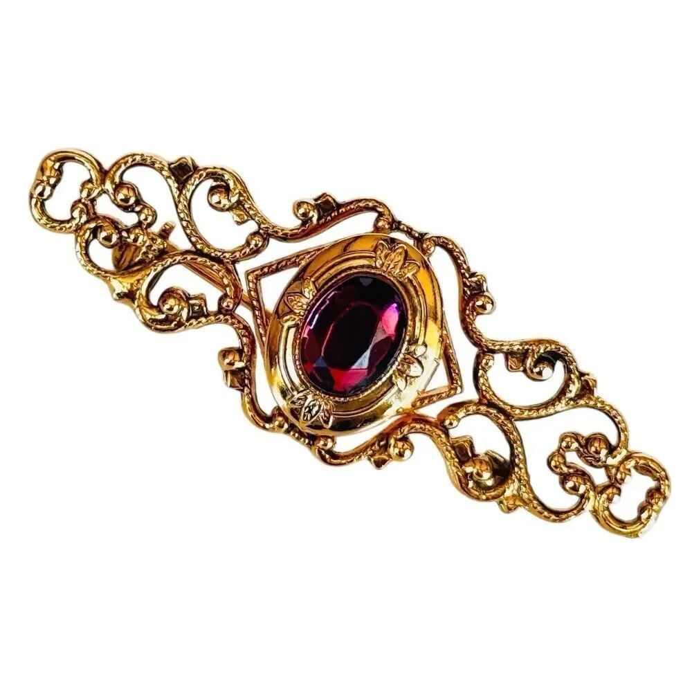 Vintage Filigree Brooch Cabochon Victorian Style Cranberry Glass Rhinestone